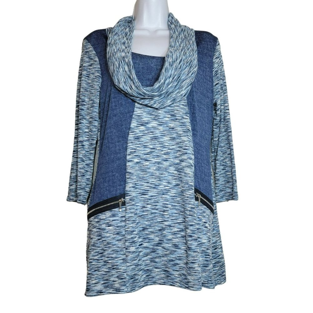 Coco Bianco Women's Medium Heathered Blue, Cowl Neck Knit Tunic Top NWT